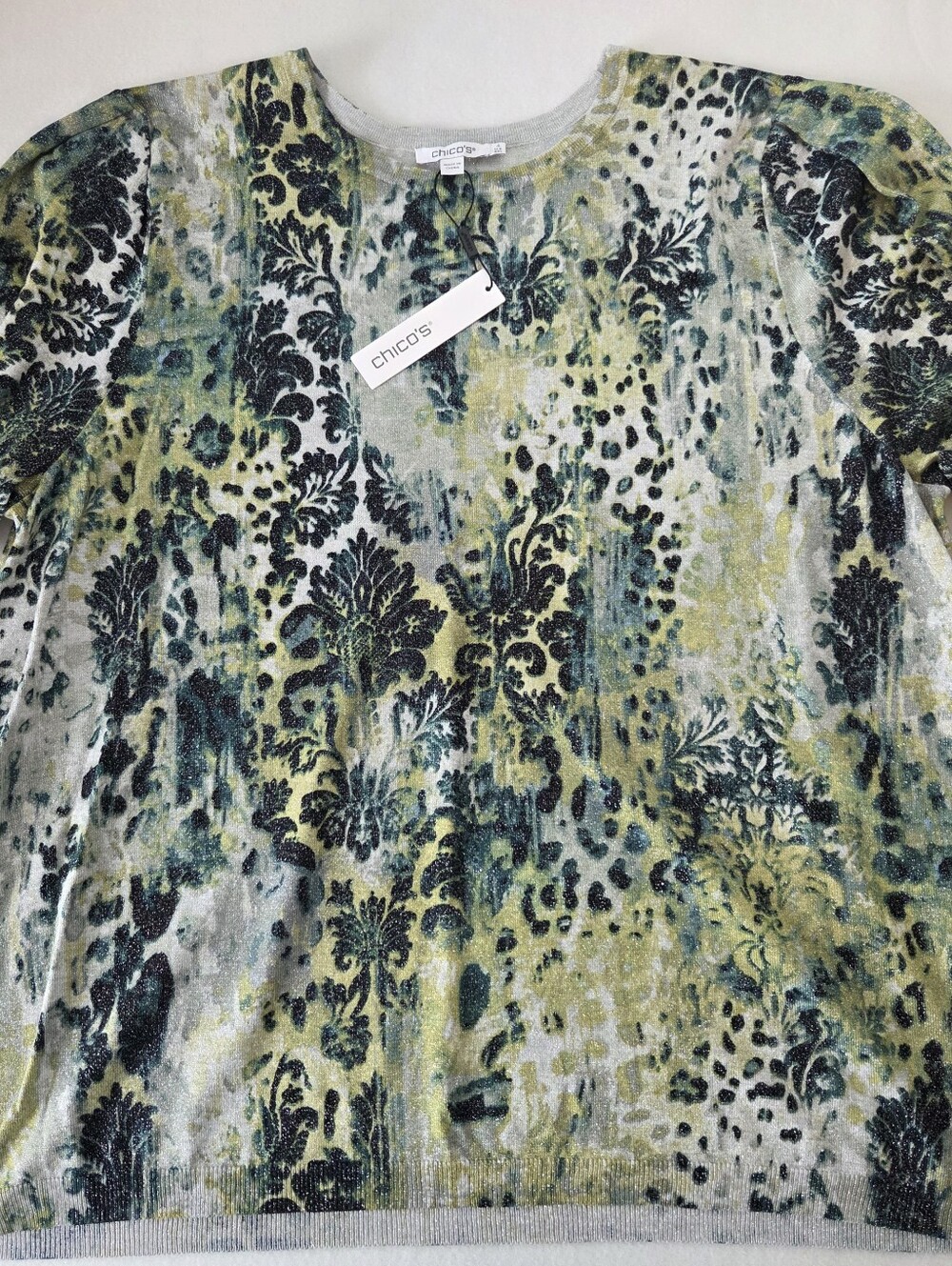 Chico's Green & Teal Patterned Damask Top Size 4 - Picture 2 of 8